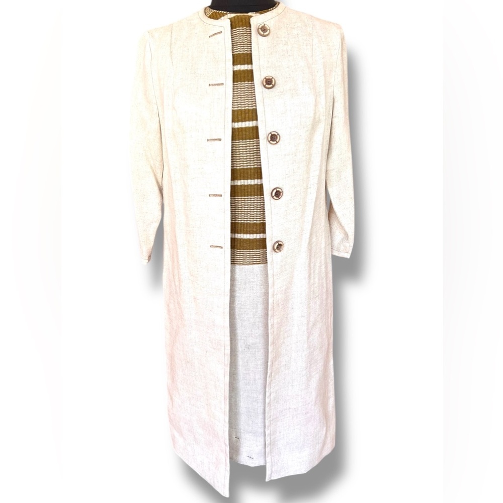 Vtg 60s MOD Brown Cream Long Jacket & Mid Sleeveless Dress Judy Wayne NEW w/flaw